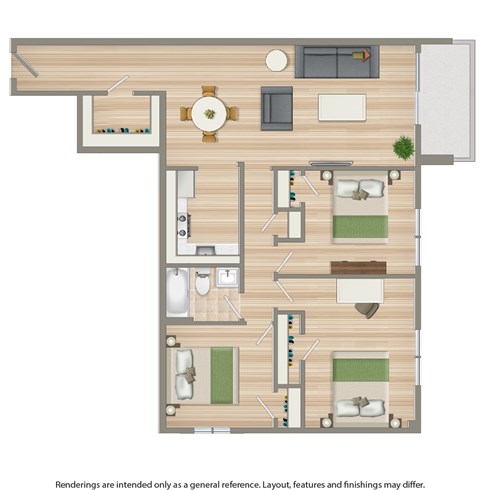 Floor plan for 3 beds, 1 bath, 840 sqft